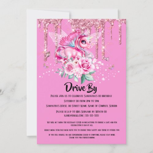 Magical fairy unicorn butterfly glitter pink rose invitation