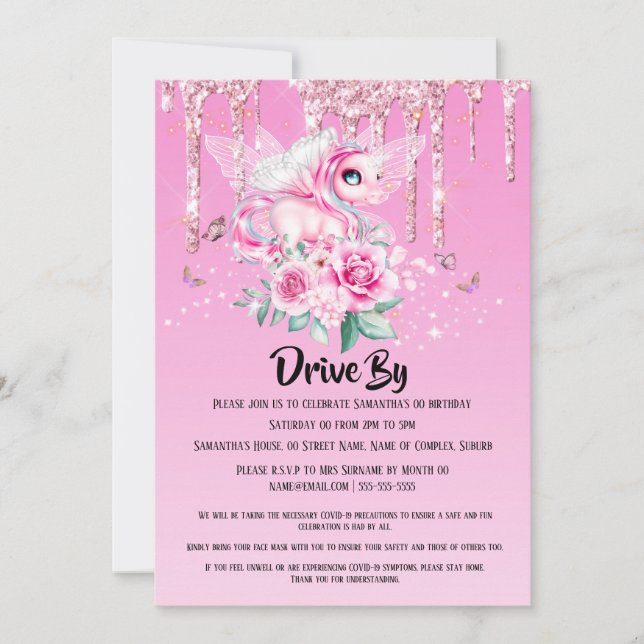 Magical fairy unicorn butterfly wings glitter rose invitation (Front)
