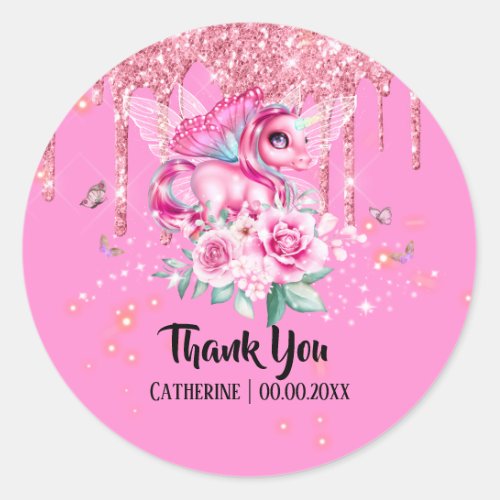Magical fairy unicorn glitter pink rose thank you classic round sticker