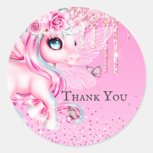 Magical fairy unicorn pink glitter thank you classic round sticker