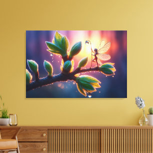 Magical fairy with dewdrop lantern on the branch canvas print