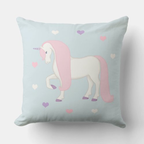 Magical Fairytale Unicorn and Hearts Girls Bedroom Throw Pillow