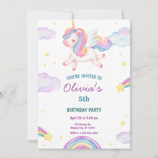 Magical Fairytale Unicorn Rainbow Clouds Invitation