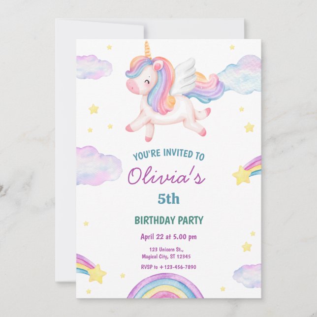Magical Fairytale Unicorn Rainbow Clouds Invitation (Front)