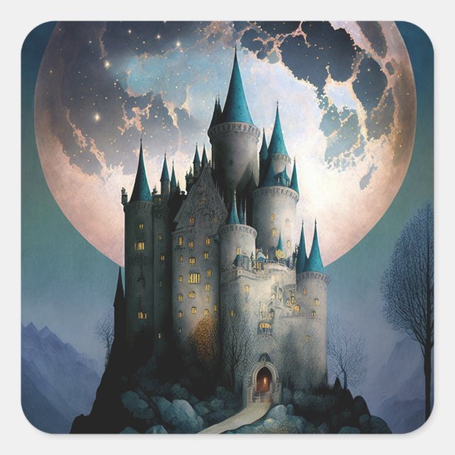 Magical Fantasy Castle Full Moon Square Sticker (Front)