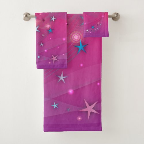 Magical Fantasy Dreamy Celestial Stars on Magenta Bath Towel Set