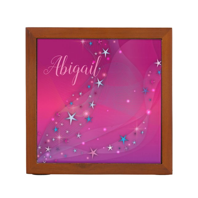 Magical Fantasy Dreamy Celestial Stars on Magenta Desk Organizer (Front)