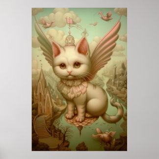 magical fantasy landscape white cat art  poster