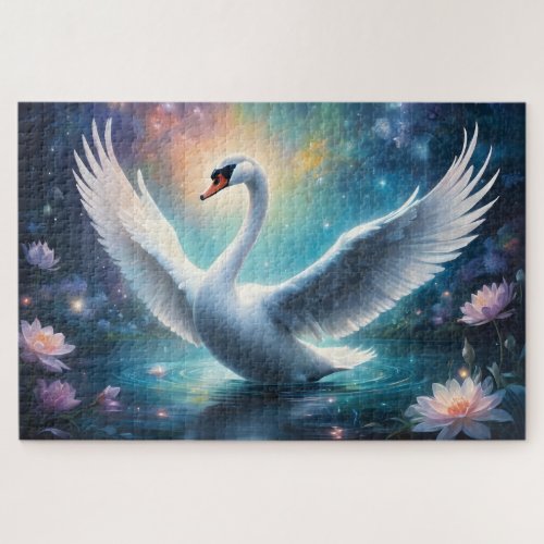 Magical fantasy swan midnight lake water lilies jigsaw puzzle