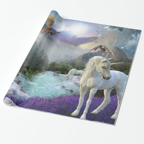 Magical Fantasy Unicorn Dragon Landscape Wrapping Paper