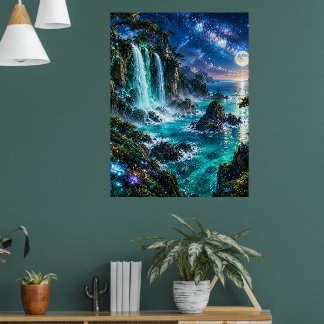 Magical Fantasy Waterfall on Ocean Coast Under Mil Poster