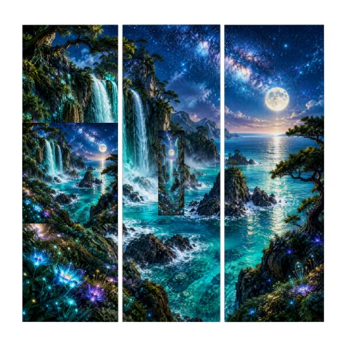Magical Fantasy Waterfall on Ocean Coast Under Mil Triptych