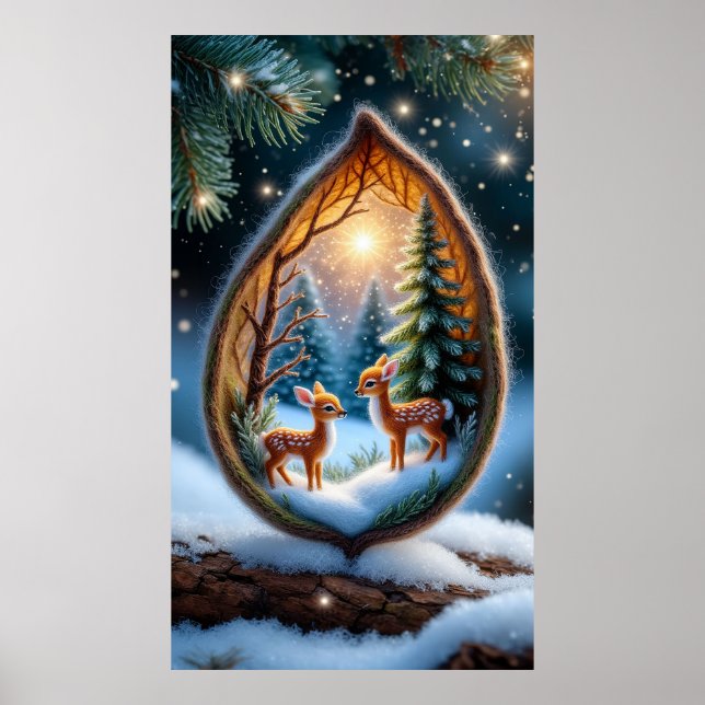 🦌 Magical Fawns in Snow Teardrop Scene ❄️🌟🌲✨ Poster (Front)