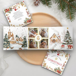 Magical Festive Winter Village 4 Photo Christmas Tri-Fold Holiday Card