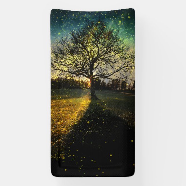 Magical fireflies dreamy landscape banner (Vertical)