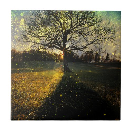 Magical fireflies dreamy landscape ceramic tile