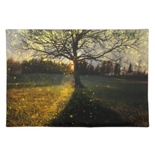 Magical fireflies dreamy landscape cloth placemat