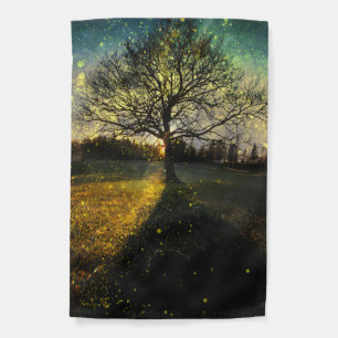 Magical fireflies dreamy landscape garden flag