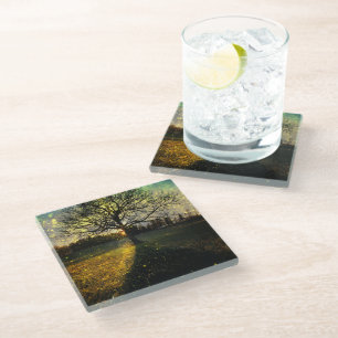 Magical fireflies dreamy landscape glass coaster