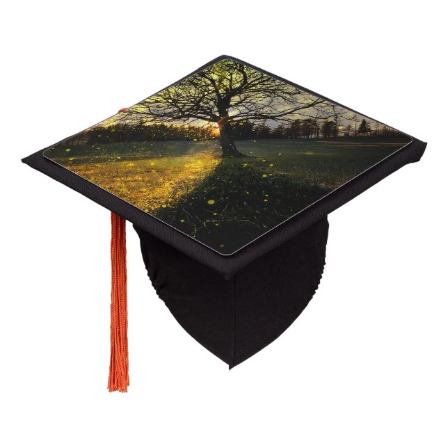 Magical fireflies dreamy landscape graduation cap topper (Angled)
