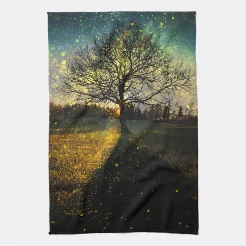 Magical fireflies dreamy landscape kitchen towel