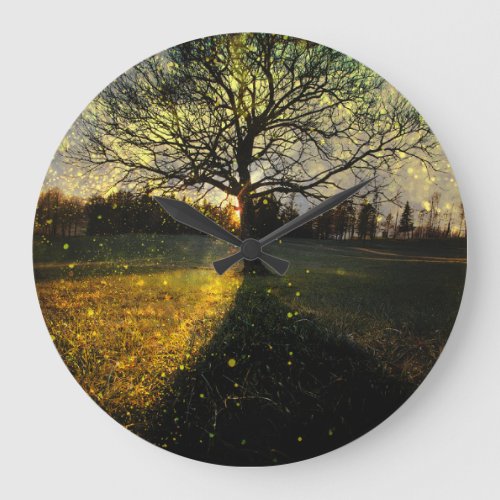 Magical fireflies dreamy landscape large clock