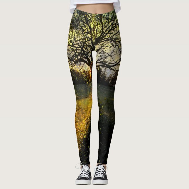 Magical fireflies dreamy landscape leggings (Front)