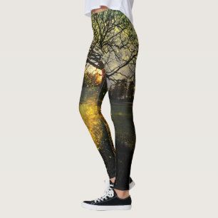 Magical fireflies dreamy landscape leggings
