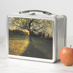 Magical fireflies dreamy landscape metal lunch box