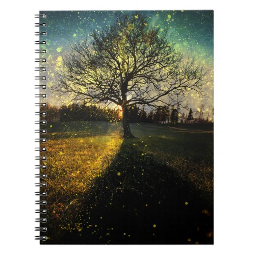 Magical fireflies dreamy landscape notebook