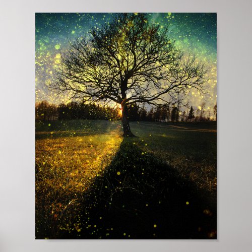 Magical fireflies dreamy landscape poster