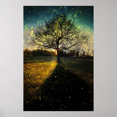 Magical fireflies dreamy landscape poster