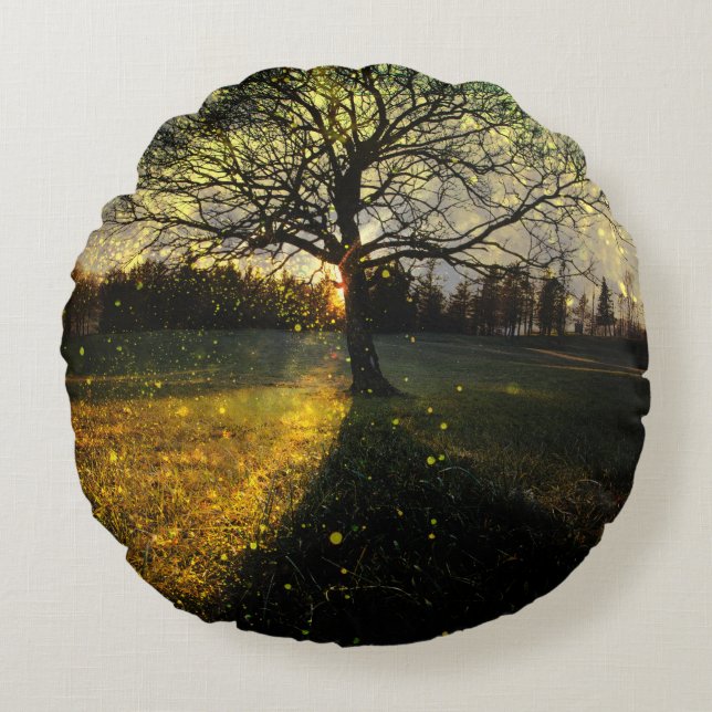 Magical fireflies dreamy landscape round pillow (Front)