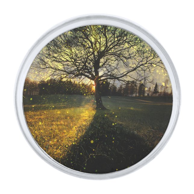 Magical fireflies dreamy landscape silver finish lapel pin (Front)