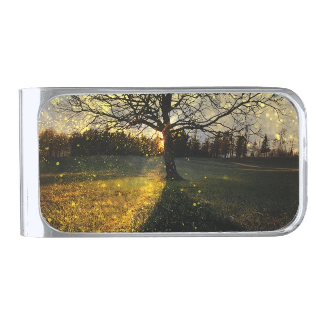 Magical fireflies dreamy landscape silver finish money clip (Front)