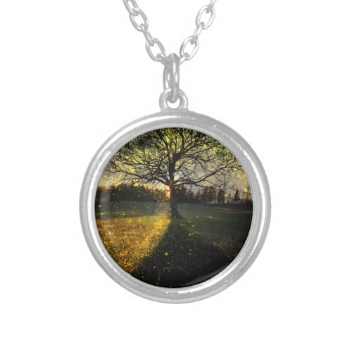 Magical fireflies dreamy landscape silver plated necklace