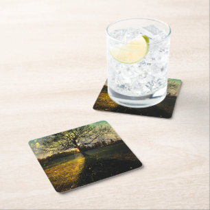 Magical fireflies dreamy landscape square paper coaster