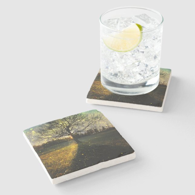 Magical fireflies dreamy landscape stone coaster (Side)