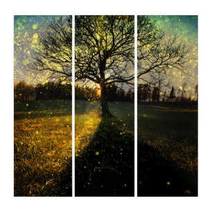 Magical fireflies dreamy landscape triptych