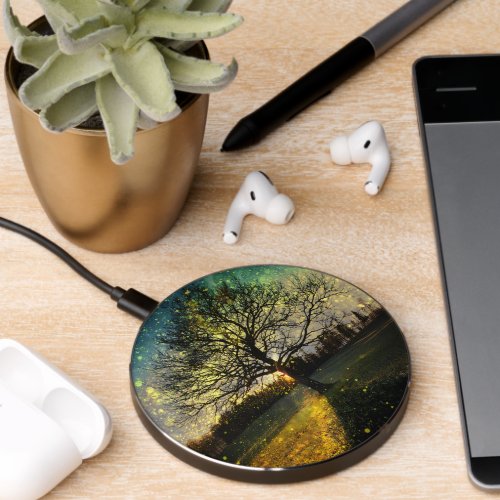 Magical fireflies dreamy landscape wireless charger 