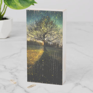 Magical fireflies dreamy landscape wooden box sign