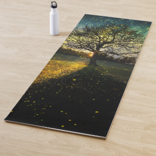 Magical fireflies dreamy landscape yoga mat