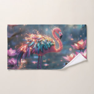 Magical Flamingo Fantasy Art with Colorful Feather Hand Towel