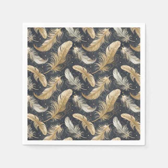 Magical Floating Golden Feathers Artwork Pattern Napkins (Front)