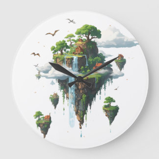 Magical Floating Islands with Trees, Birds & Drago Large Clock