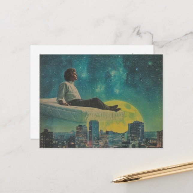 Magical Floating Mattress Above The City Full Moon Postcard (Front/Back In Situ)