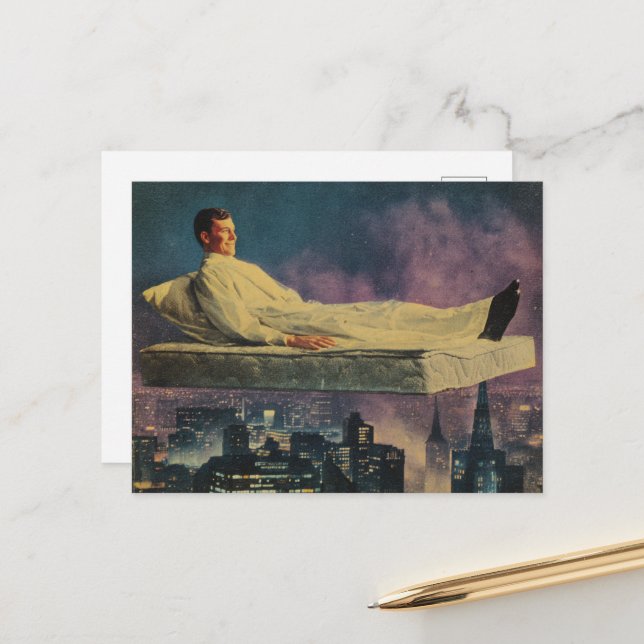 Magical Floating Mattress Above The City Postcard (Front/Back In Situ)