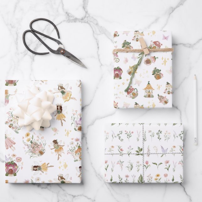 Magical Floral Fairy Princess Birthday Party Wrapping Paper Sheets (Front)