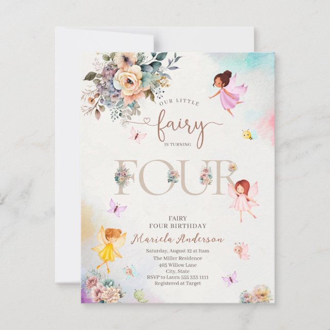 Magical Floral Fairy Princess is turning four  wat Invitation (Front)