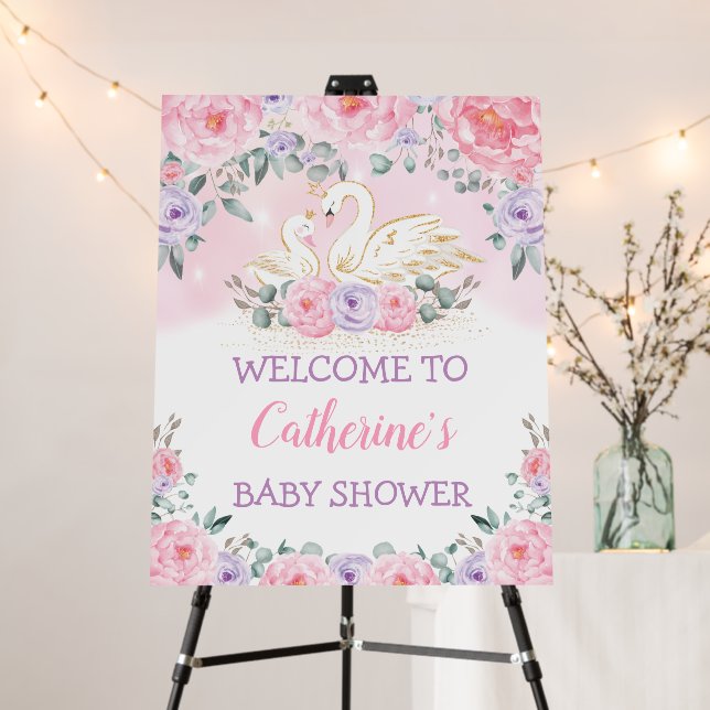 Magical Floral Swan Princess Baby Shower Welcome Foam Board (In Situ (Stand))